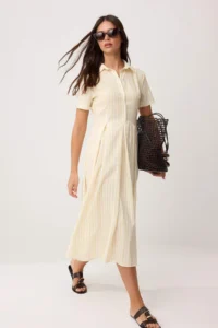 TRENDYOLMİLLA Yellow Striped Skirt Opened at Waist buttoned Midi Weaving Dress