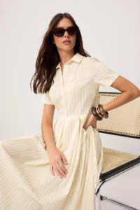 TRENDYOLMİLLA Yellow Striped Skirt Opened at Waist buttoned Midi Weaving Dress - Image 2