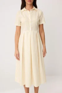 TRENDYOLMİLLA Yellow Striped Skirt Opened at Waist buttoned Midi Weaving Dress - Image 3