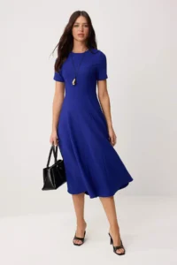 TRENDYOLMİLLA Saks Blue Plain Skirt Opened at Waist Midi Weaving Dress