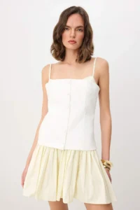 TRENDYOLMİLLA WHITE Yellow pleated Mini Tek Piece Weaving Dress - Image 2