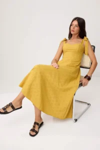 TRENDYOLMİLLA Mustard Plain Binding Detailed Maxi Weaving Dress - Image 2