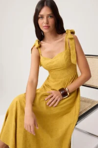 TRENDYOLMİLLA Mustard Plain Binding Detailed Maxi Weaving Dress - Image 3