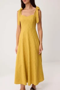 TRENDYOLMİLLA Mustard Plain Binding Detailed Maxi Weaving Dress - Image 4