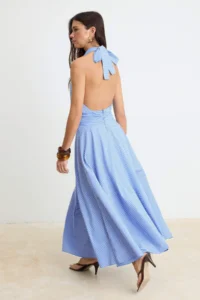 TRENDYOLMİLLA Light Blue Dekolteli Barbell Neck Poplin Lined Weaving Dress - Image 2