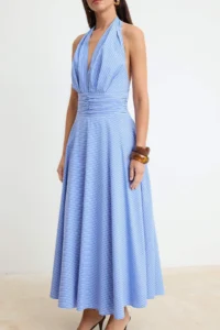 TRENDYOLMİLLA Light Blue Dekolteli Barbell Neck Poplin Lined Weaving Dress - Image 3