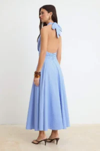 TRENDYOLMİLLA Light Blue Dekolteli Barbell Neck Poplin Lined Weaving Dress - Image 4