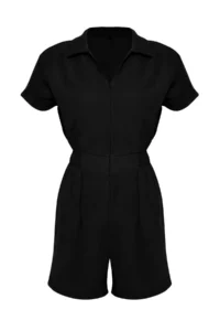 TRENDYOLMİLLA Black Elastic Waist Zipper Detailed Mini Weaving Jumpsuit - Image 3