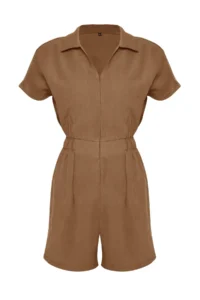 TRENDYOLMİLLA Camel Elastic Waist Zipper Detailed Mini Weaving Jumpsuit - Image 4