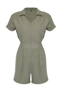 TRENDYOLMİLLA Khaki Elastic Waist Zipper Detailed Mini Weaving Jumpsuit - Image 3