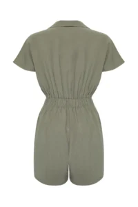 TRENDYOLMİLLA Khaki Elastic Waist Zipper Detailed Mini Weaving Jumpsuit - Image 4