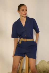 TRENDYOLMİLLA Navy Blue Arched linen blended Wide Leg  Weaving Jumpsuit
