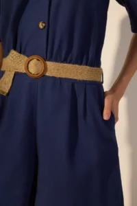 TRENDYOLMİLLA Navy Blue Arched linen blended Wide Leg  Weaving Jumpsuit - Image 3