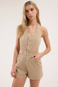 TRENDYOLMİLLA Beige Back Detailed Mini DENIM Jumpsuit