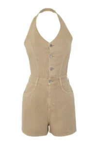 TRENDYOLMİLLA Beige Back Detailed Mini DENIM Jumpsuit - Image 5