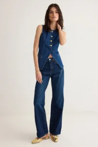 TRENDYOLMİLLA More Sustainable DARK BLUE Gold buttoned Sewing Detailed DENIM Vest - Image 2