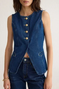 TRENDYOLMİLLA More Sustainable DARK BLUE Gold buttoned Sewing Detailed DENIM Vest - Image 3