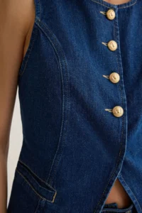 TRENDYOLMİLLA More Sustainable DARK BLUE Gold buttoned Sewing Detailed DENIM Vest - Image 4