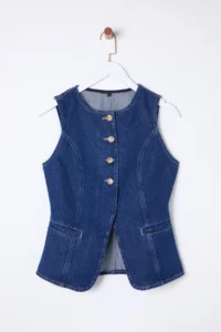 TRENDYOLMİLLA More Sustainable DARK BLUE Gold buttoned Sewing Detailed DENIM Vest - Image 6