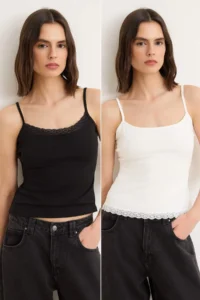 TRENDYOLMİLLA Black-Ecru Plain Fitted Cowl Neck Thin Sleeveless Sleeveless Cotton Flexible Knitting Tank Top
