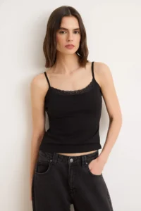 TRENDYOLMİLLA Black-Ecru Plain Fitted Cowl Neck Thin Sleeveless Sleeveless Cotton Flexible Knitting Tank Top - Image 2