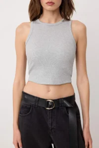 TRENDYOLMİLLA Gray Melange Plain Fitted Barbell Collar Sleeveless Ribbed Flexible Knitting Tank Top - Image 3