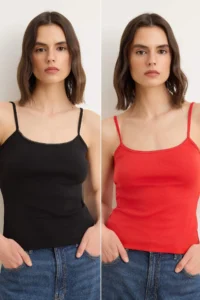 TRENDYOLMİLLA Black-Red Plain Fitted Cowl Neck Thin Sleeveless Sleeveless Cotton Rib Knitting Tank Top