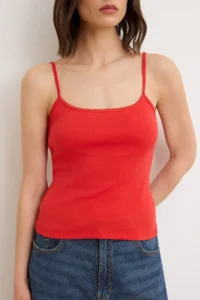 TRENDYOLMİLLA Black-Red Plain Fitted Cowl Neck Thin Sleeveless Sleeveless Cotton Rib Knitting Tank Top - Image 3
