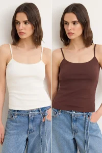 TRENDYOLMİLLA Dark Brown-Ecru Plain Fitted Cowl Neck Sleeveless Cotton Rib Knitting Tank Top