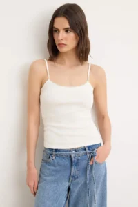 TRENDYOLMİLLA Dark Brown-Ecru Plain Fitted Cowl Neck Sleeveless Cotton Rib Knitting Tank Top - Image 2