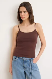 TRENDYOLMİLLA Dark Brown-Ecru Plain Fitted Cowl Neck Sleeveless Cotton Rib Knitting Tank Top - Image 5