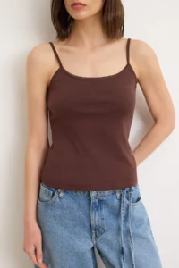 TRENDYOLMİLLA Dark Brown-Ecru Plain Fitted Cowl Neck Sleeveless Cotton Rib Knitting Tank Top - Image 6
