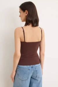 TRENDYOLMİLLA Dark Brown-Ecru Plain Fitted Cowl Neck Sleeveless Cotton Rib Knitting Tank Top - Image 7