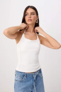 TRENDYOLMİLLA Ecru Plain Fitted Barbell Collar Thin Sleeveless Sleeveless Cotton Flexible Knitting Tank Top