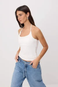 TRENDYOLMİLLA Ecru Plain Fitted Barbell Collar Thin Sleeveless Sleeveless Cotton Flexible Knitting Tank Top - Image 2