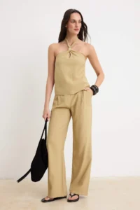 TRENDYOLMİLLA Dark BEIGE Hair Clip Detailed Soft Touch Blouse Weaving Bottom - Top Set