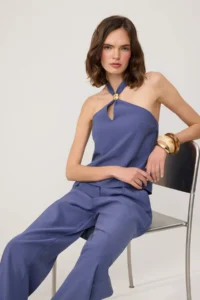TRENDYOLMİLLA Indigo Hair Clip Detailed Soft Touch Blouse Pants Weaving Bottom - Top Set - Image 2
