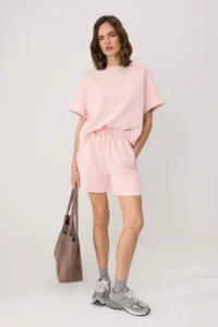 TRENDYOLMİLLA Pink Oversized Drop Sleeve Short Sleeve 2 Yarn combed Knitting Top and Bottom Set