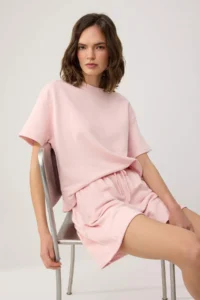 TRENDYOLMİLLA Pink Oversized Drop Sleeve Short Sleeve 2 Yarn combed Knitting Top and Bottom Set - Image 2