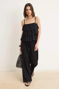 TRENDYOLMİLLA Black Regular Thin Sleeveless Sleeveless Wide Leg textured Knitting Top and Bottom Set