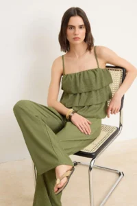 TRENDYOLMİLLA Khaki Regular Thin Sleeveless Sleeveless Wide Leg textured Knitting Top and Bottom Set