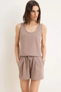 TRENDYOLMİLLA Mink relaxed Cowl Neck Regular Waist Wide Leg Short / Mini Modal Knitting Bottom Top Set - Image 2