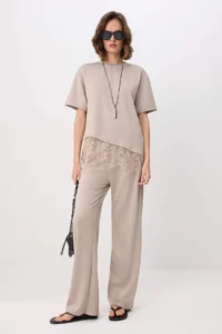 TRENDYOLMİLLA Stone Oversized/Wide Pattern Lace Detailed Short Sleeve Asymmetric Knitting Bottom - Top Set