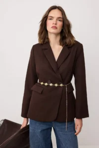 TRENDYOLMİLLA Brown Aksesuar Arched padded Lined Blazer Jacket