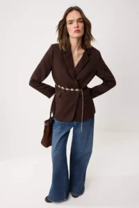 TRENDYOLMİLLA Brown Aksesuar Arched padded Lined Blazer Jacket - Image 2