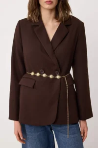 TRENDYOLMİLLA Brown Aksesuar Arched padded Lined Blazer Jacket - Image 3
