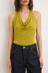 TRENDYOLMİLLA Oil Green Plain Fitted Barbell Neck Accessory Detailed snaps Flexible Knitting Bodysuit .D.00025 - Image 3