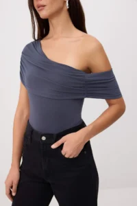 TRENDYOLMİLLA Anthracite Fitted Carmen Collar Short Sleeve Shirred Flexible Knitting Blouse .D.00031 - Image 3