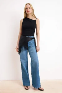 TRENDYOLMİLLA Black Fitted Asymmetric Collar Sleeveless Cotton Flexible Knitting Blouse - Image 2