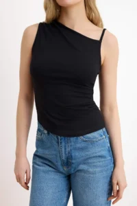TRENDYOLMİLLA Black Fitted Asymmetric Collar Sleeveless Cotton Flexible Knitting Blouse - Image 3